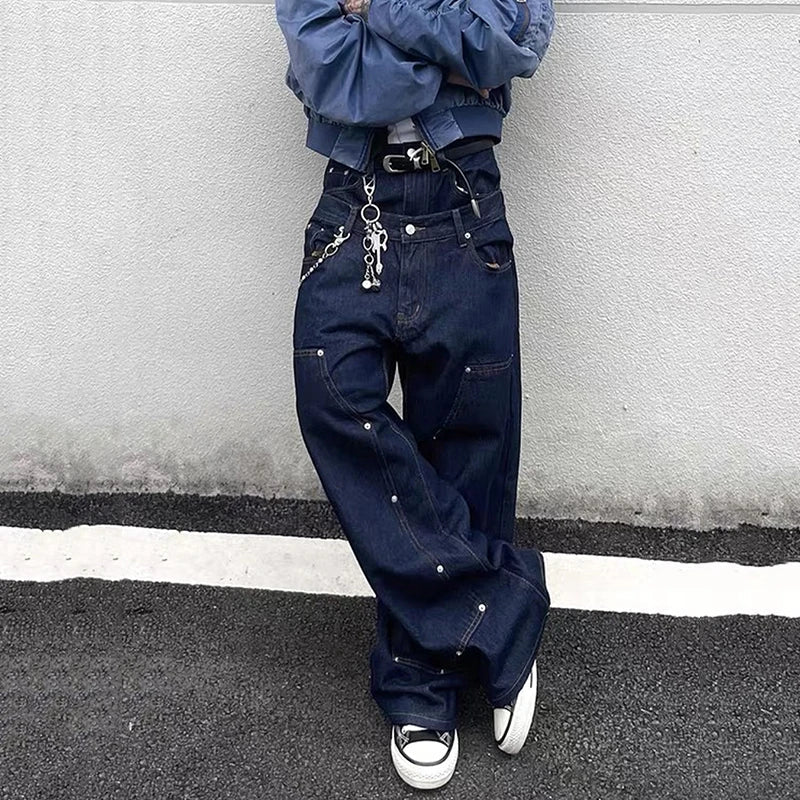 Double Waistband Rivet Straight Leg Jeans — vista posteriore
