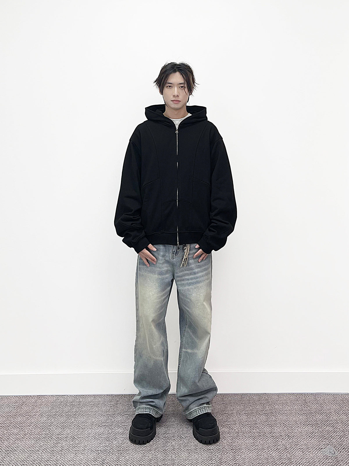 Double Zip Up Panelled Spliced Hoodie — vista laterale