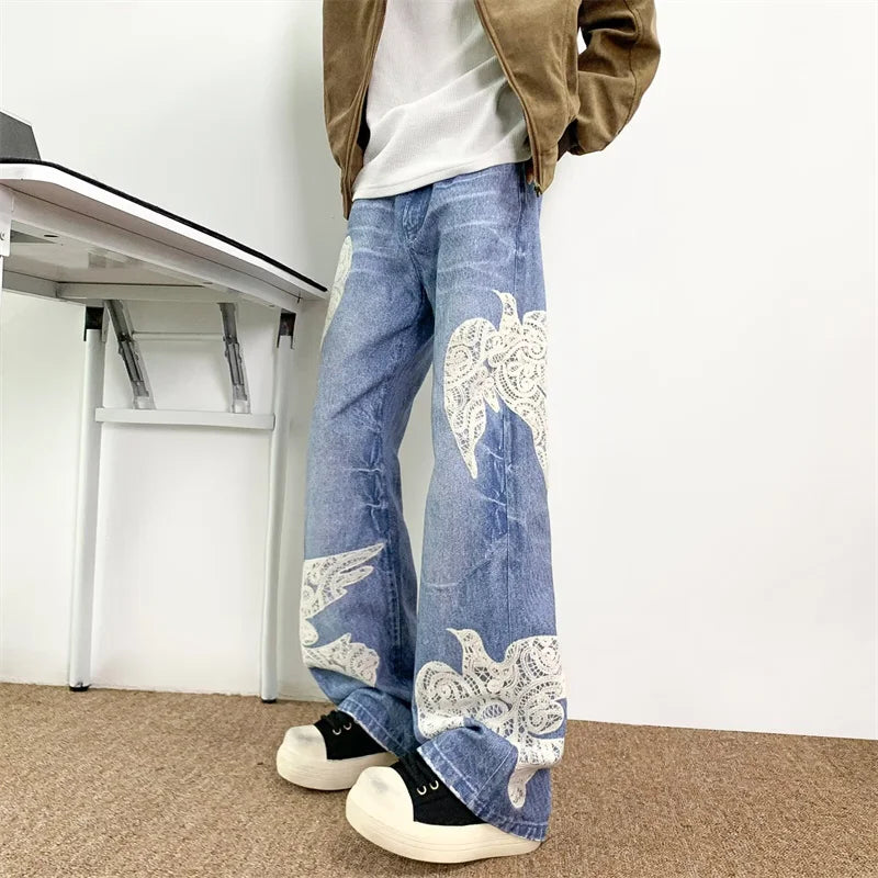 "Dove Of Peace" Embroidered Baggy Denim Jeans — dettaglio
