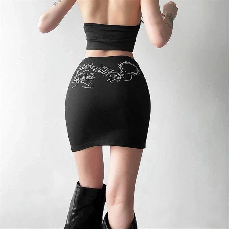 Dragon Rhinestone Dragon Black Mini Skirt — dettaglio della stampa
