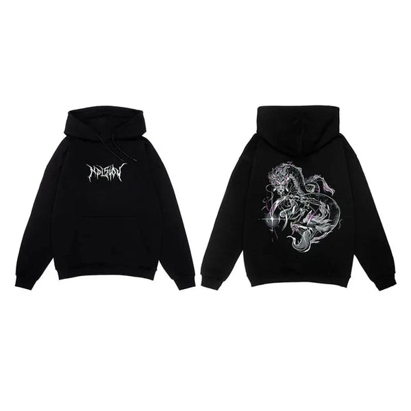 Dragon Serpent Print Black Hoodie — vista frontale