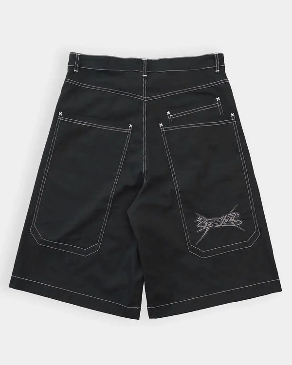 Embroidered Black Denim Shorts Jorts — vista frontale