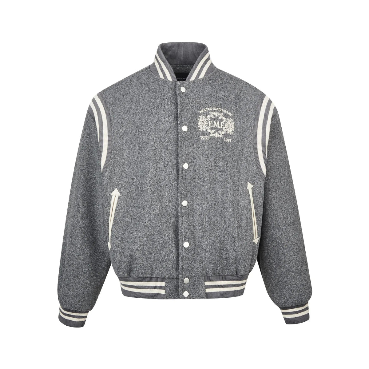 Embroidered Button Varsity Jacket — vista frontale