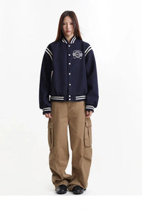 Embroidered Button Varsity Jacket — vista laterale