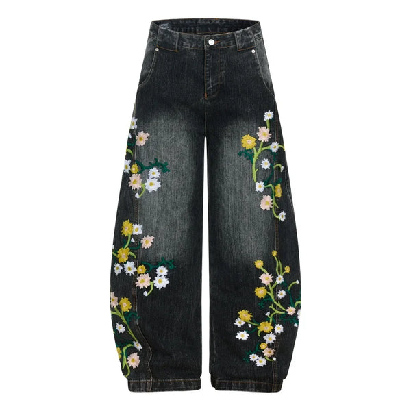 Y2K Embroidered Flower Baggy Denim Curved Barrel Jeans