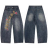 Y2K Embroidered Leopard Print Text Vintage Wash Baggy Jeans