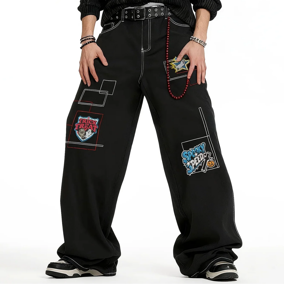 Embroidered Patchwork Black Baggy Jeans — dettaglio