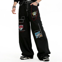 Embroidered Patchwork Black Baggy Jeans — vista frontale