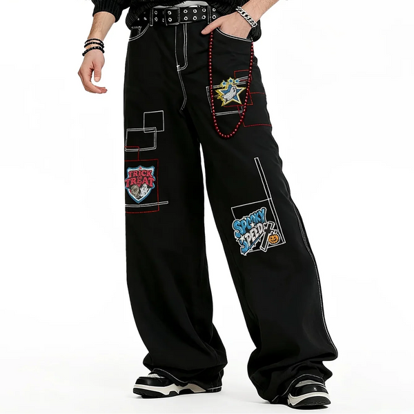 Embroidered Patchwork Black Baggy Jeans — vista frontale