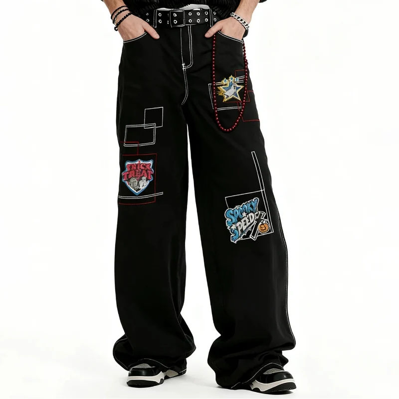 Embroidered Patchwork Black Baggy Jeans — vista posteriore