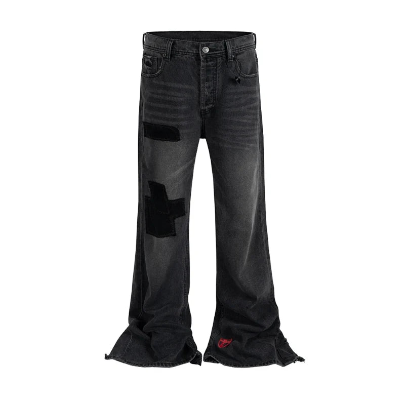 Embroidered Patchwork Distressed Baggy Black Denim Jeans — vista frontale