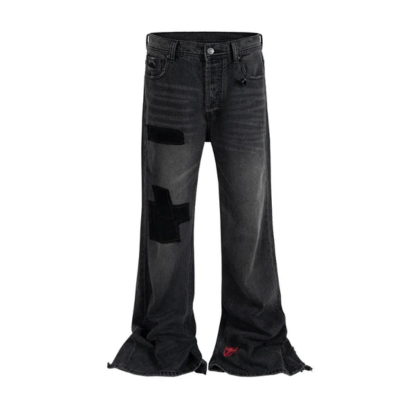 Embroidered Patchwork Distressed Baggy Black Denim Jeans — vista frontale