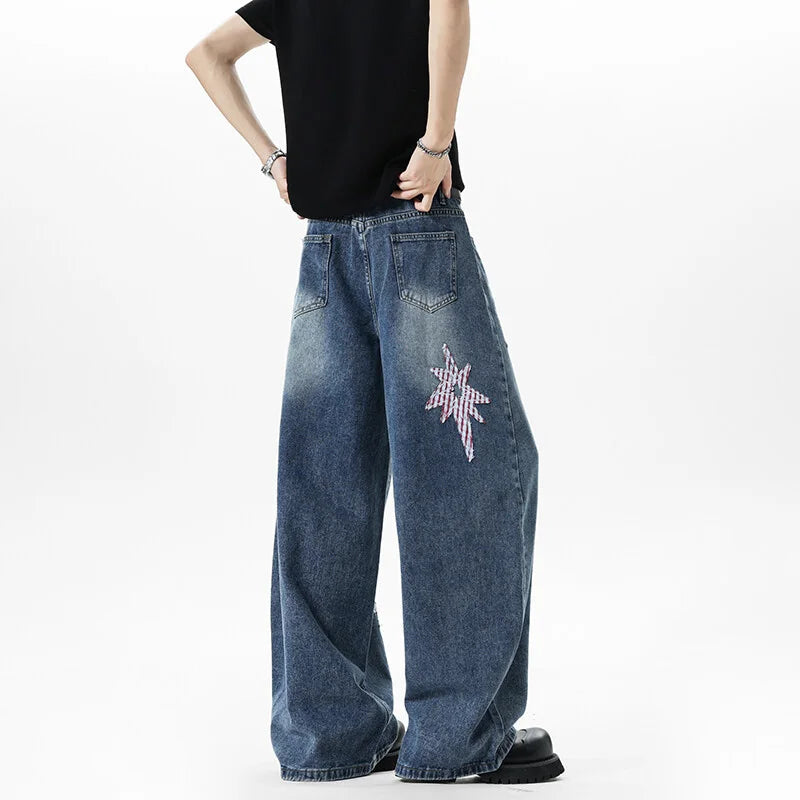 Embroidered Patchwork Star Wide Leg Barrel Jeans — dettaglio