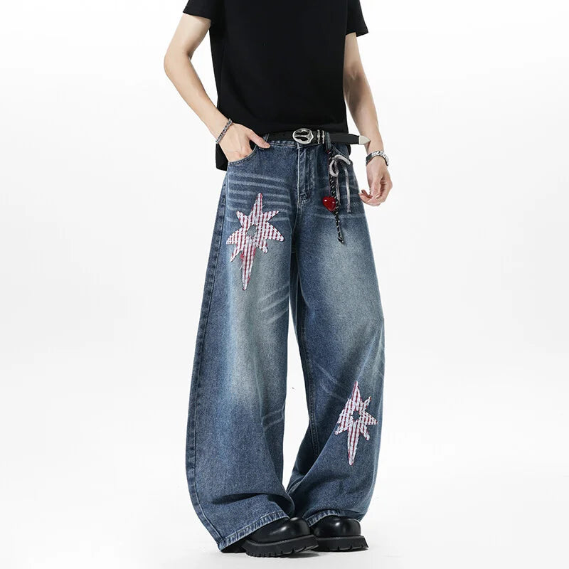 Embroidered Patchwork Star Wide Leg Barrel Jeans — dettaglio della stampa