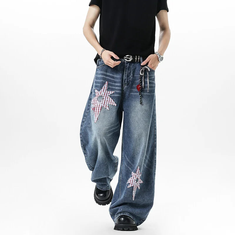 Embroidered Patchwork Star Wide Leg Barrel Jeans — in alternativa