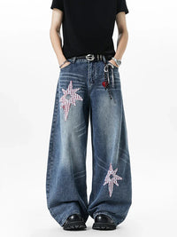 Embroidered Patchwork Star Wide Leg Barrel Jeans — vista frontale