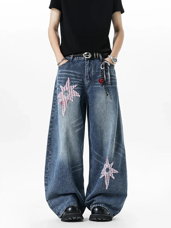 Embroidered Patchwork Star Wide Leg Barrel Jeans — vista frontale