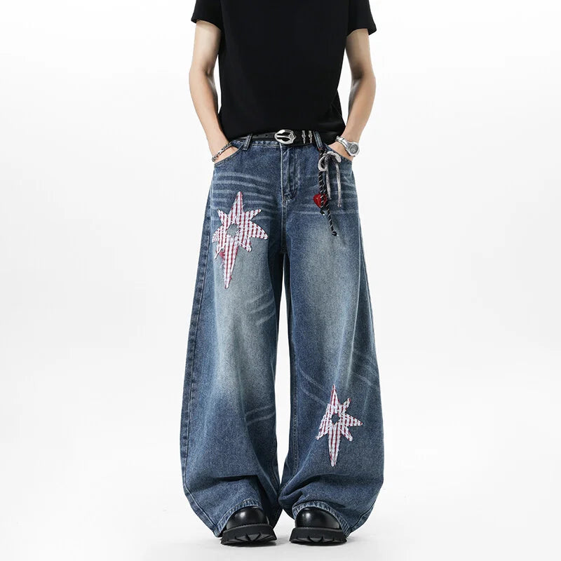 Embroidered Patchwork Star Wide Leg Barrel Jeans — vista posteriore
