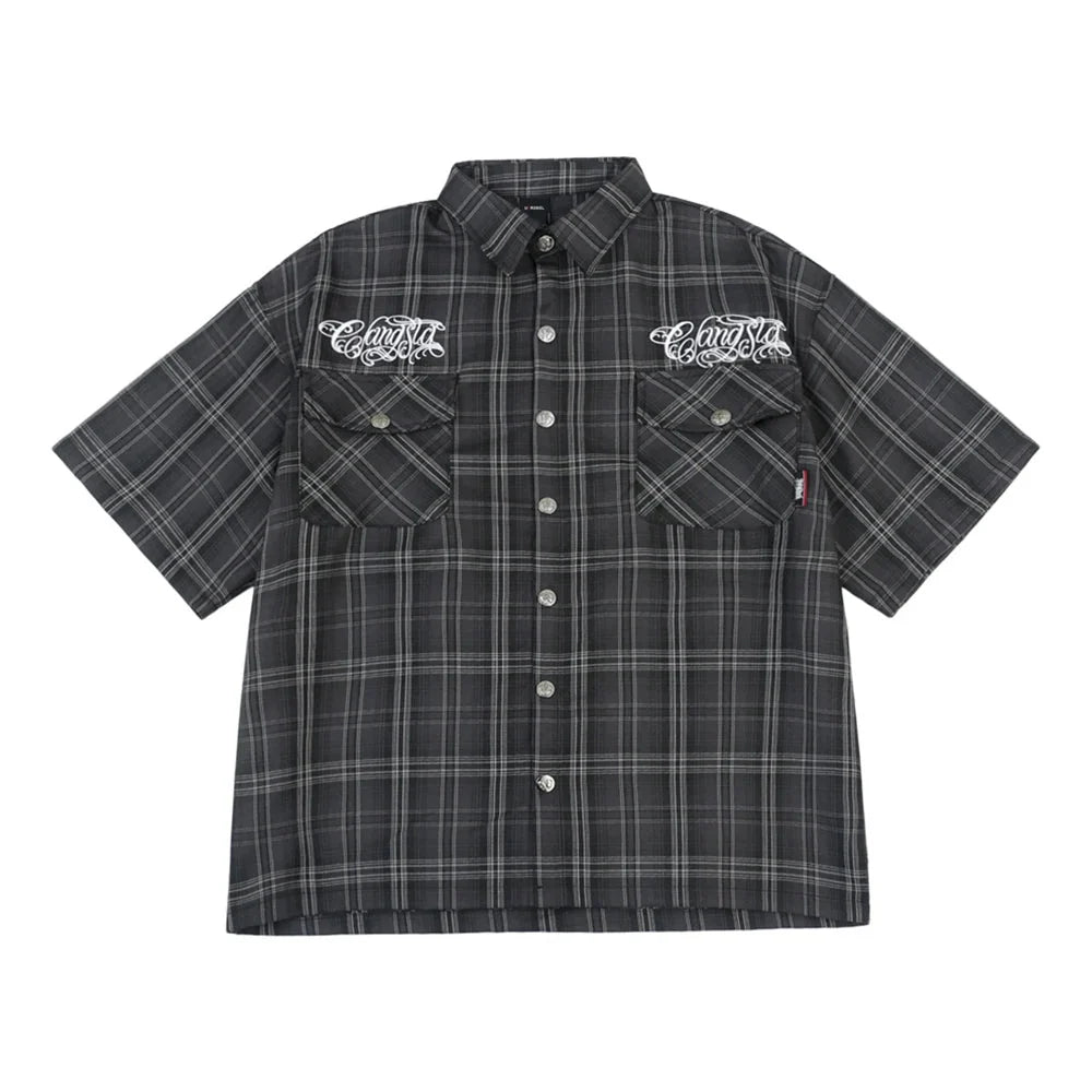 Embroidered Plaid Short Sleeve Button Up Flannel Shirt — vista posteriore