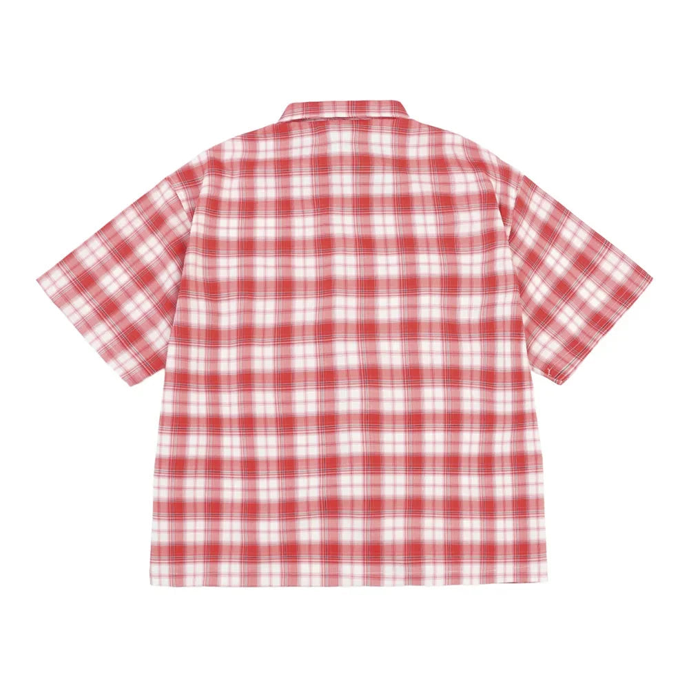 Embroidered Plaid Short Sleeve Button Up Flannel Shirt — dettaglio