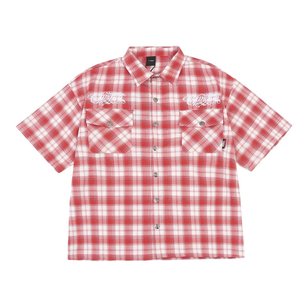 Embroidered Plaid Short Sleeve Button Up Flannel Shirt — vista frontale