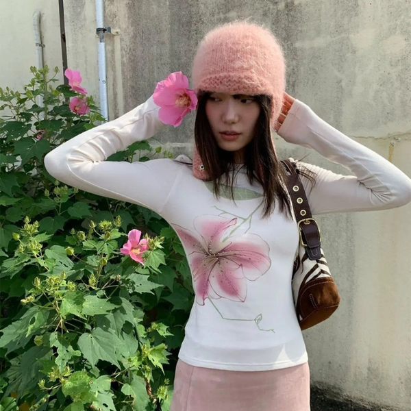 Fairycore Floral Graphic Slim Long Sleeve Top — vista frontale