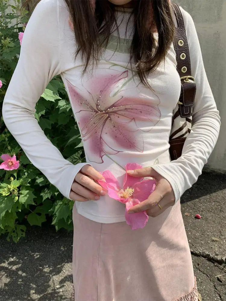 Fairycore Floral Graphic Slim Long Sleeve Top — dettaglio