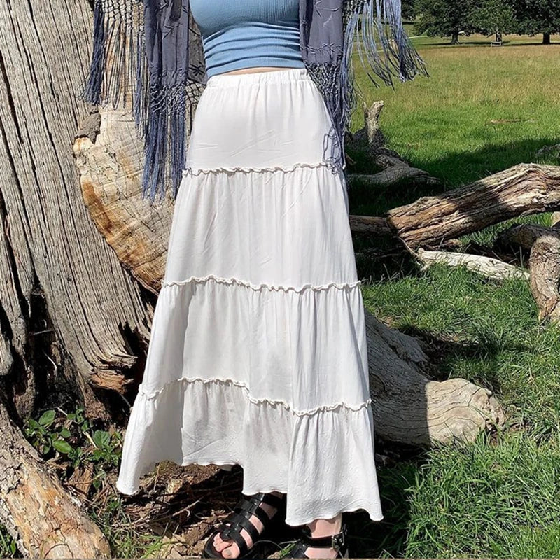 Fairycore Grunge Pleated Tiered Long Maxi Skirt — dettaglio