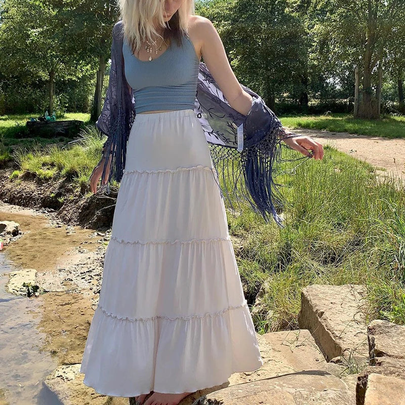 Fairycore Grunge Pleated Tiered Long Maxi Skirt — vista laterale