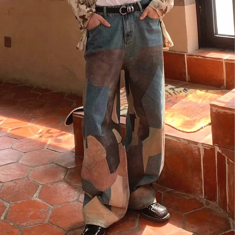 Fashion Patchwork Distressed Baggy Jeans — dettaglio
