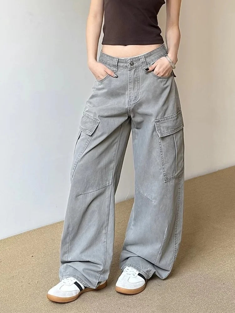 Fashionista Vintage Grey Baggy Cargo Jeans — dettaglio del tessuto