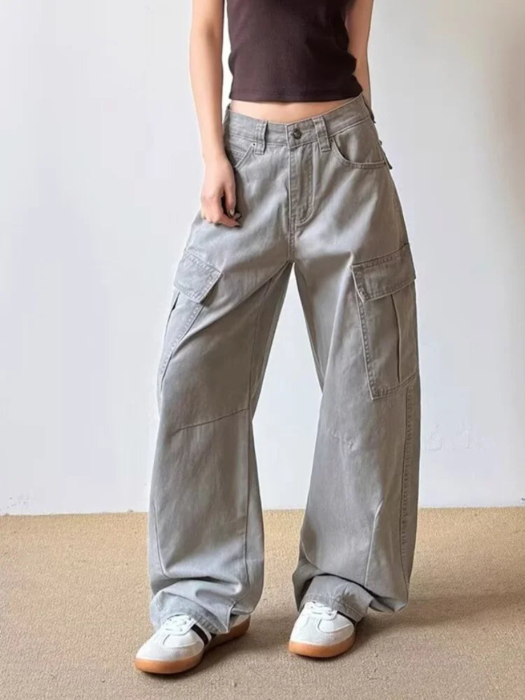 Fashionista Vintage Grey Baggy Cargo Jeans — vista frontale