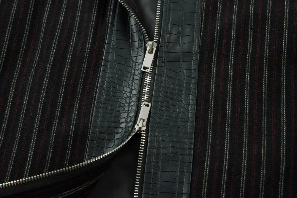 Faux Crocodile PU Leather Spliced Striped Zip Up Jacket — vista posteriore