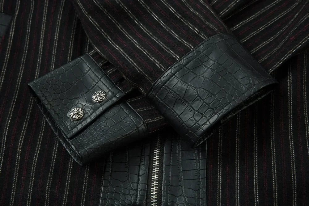 Faux Crocodile PU Leather Spliced Striped Zip Up Jacket — dettaglio