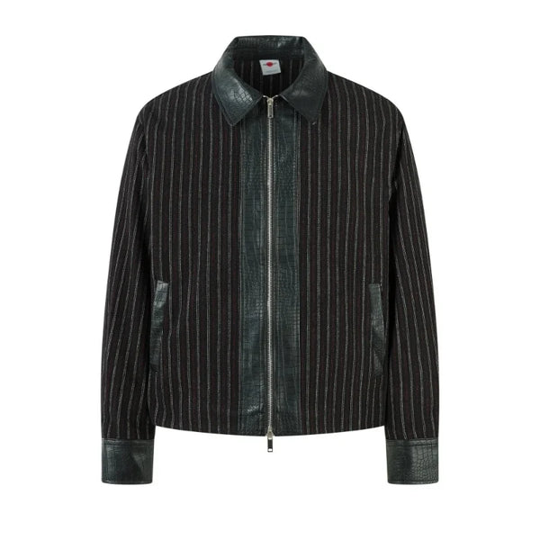 Faux Crocodile PU Leather Spliced Striped Zip Up Jacket — vista frontale