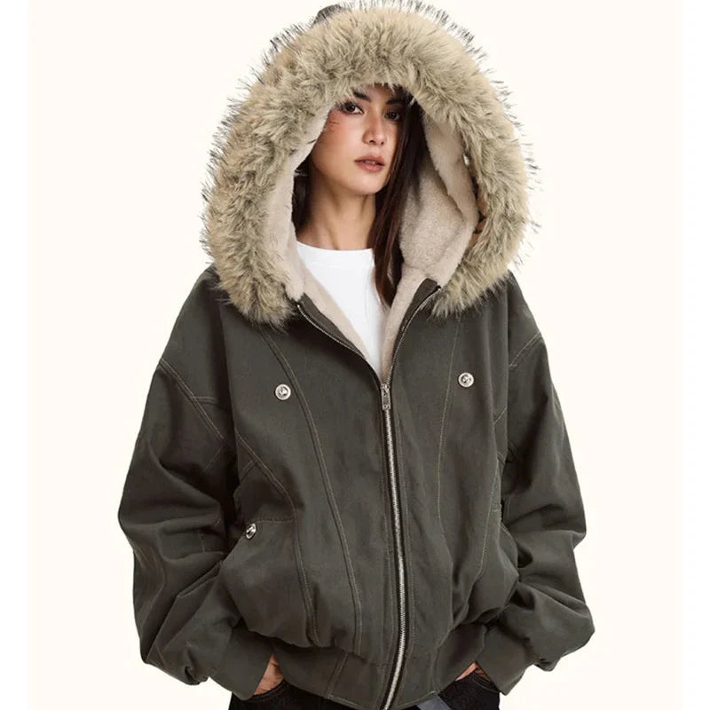 Faux Fur Collar Hooded Padded Parka Coat — dettaglio