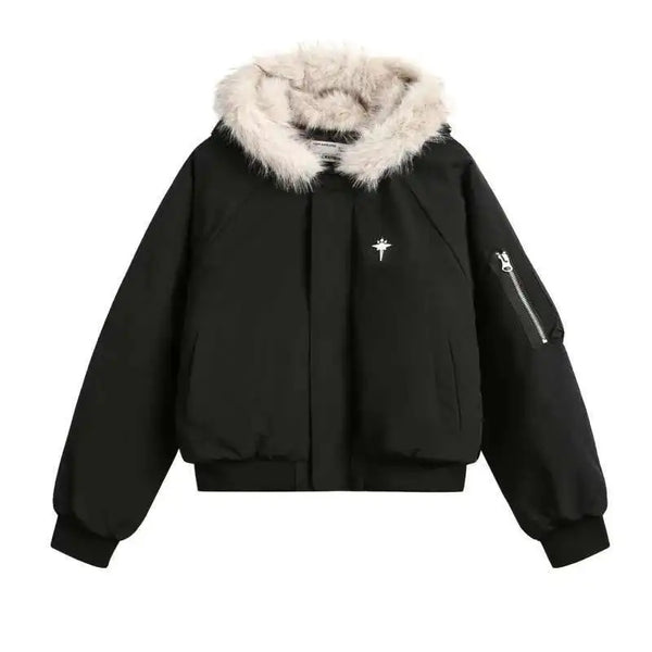 Y2K Faux Fur Collar Hooded Quilted Padded Jacket Coat
