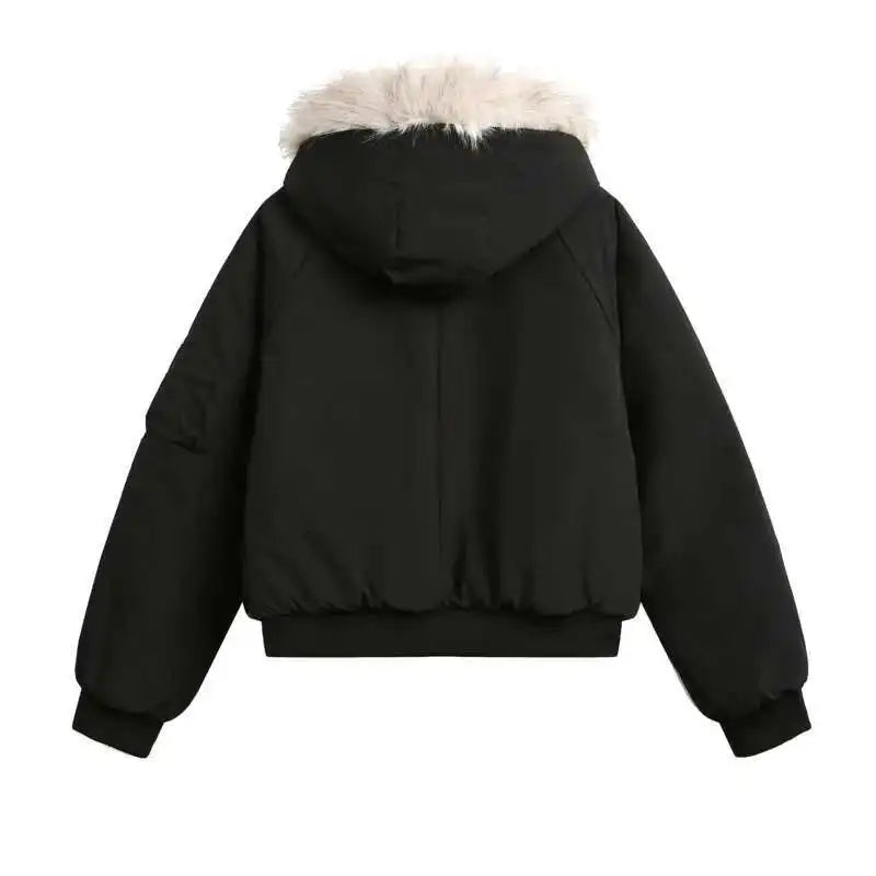 Faux Fur Collar Hooded Quilted Padded Jacket Coat — vista laterale