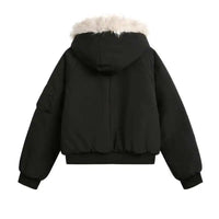 Faux Fur Collar Hooded Quilted Padded Jacket Coat — vista laterale