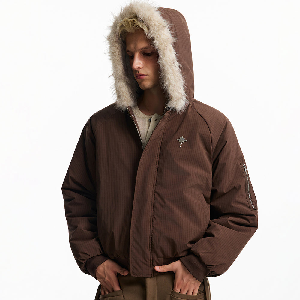 Faux Fur Collar Hooded Quilted Padded Jacket Coat — dettaglio della stampa