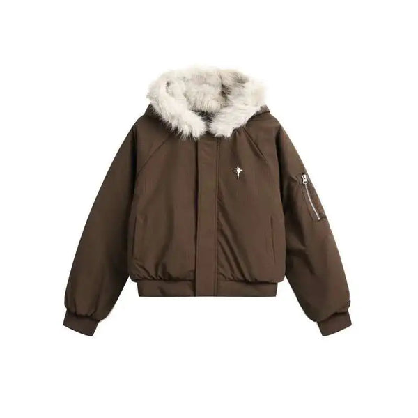 Faux Fur Collar Hooded Quilted Padded Jacket Coat — vista frontale