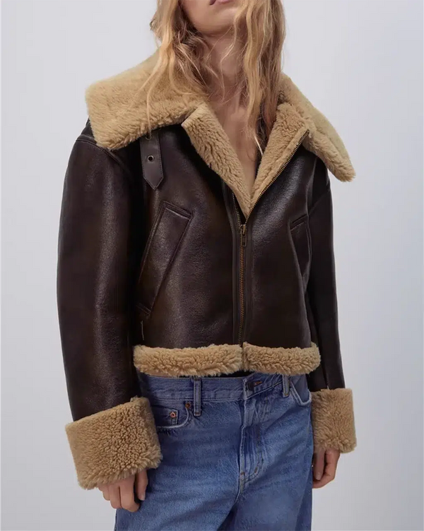 Faux Fur Leather Jacket — vista frontale