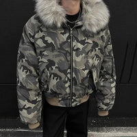 Faux Fur Lined Hood Arctic Camouflage Zip Up Jacket — vista frontale