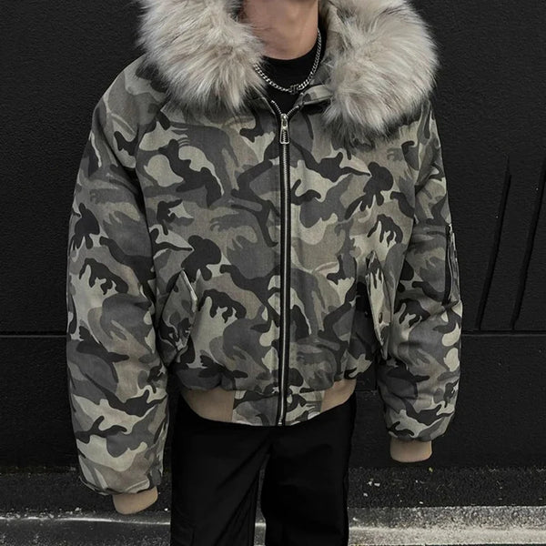 Faux Fur Lined Hood Arctic Camouflage Zip Up Jacket — vista frontale