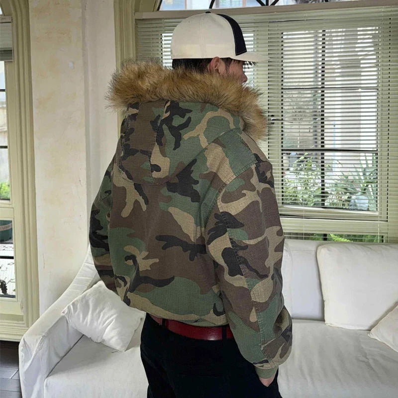 Faux Fur Lined Hood Camouflage Zip Up Jacket — in alternativa