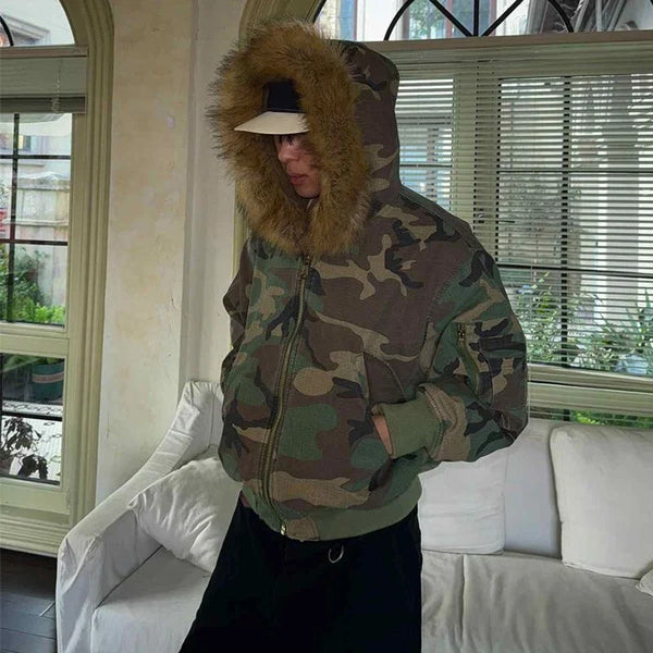 Y2K Faux Fur Lined Hood Camouflage Zip Up Jacket