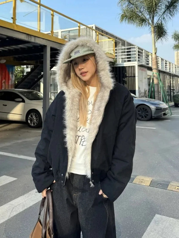 Faux Fur Outlined Hooded Zip Up Jacket Coat — vista frontale