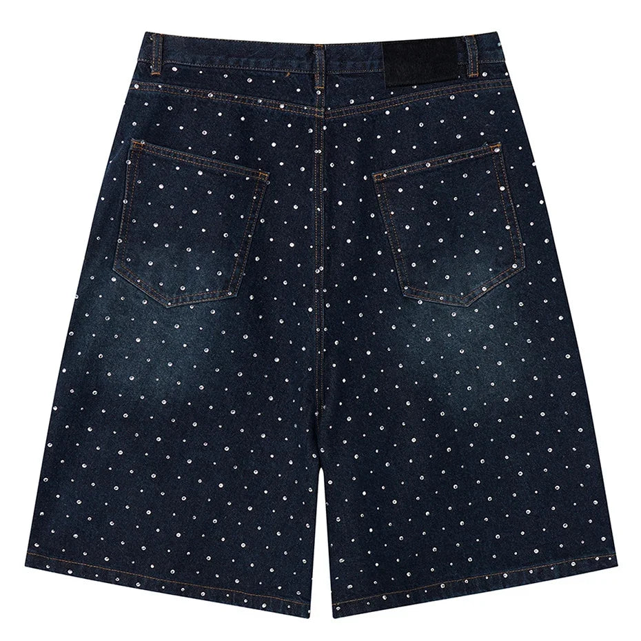 Faux Pearl and Rhinestone Denim Shorts Jorts — vista laterale