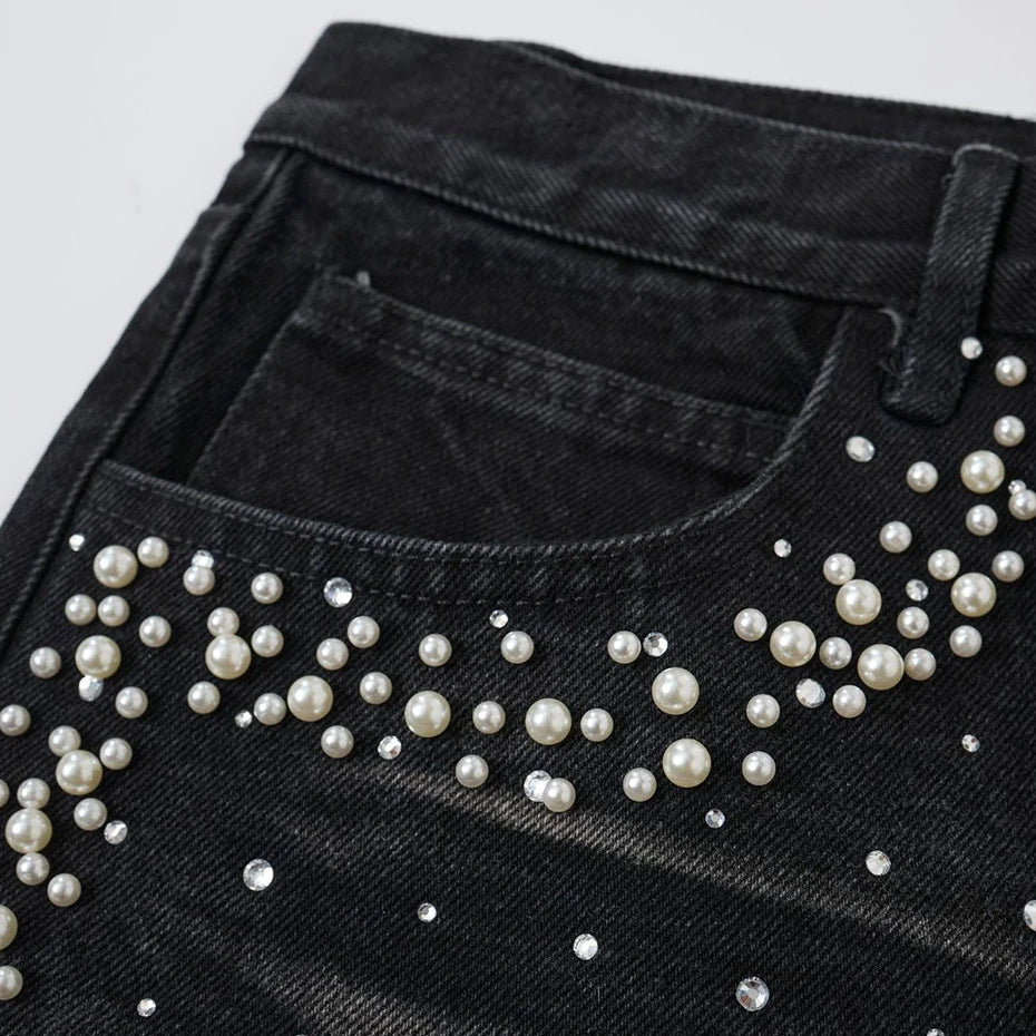 Faux Pearl and Rhinestone Denim Shorts Jorts — vista completa