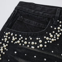 Faux Pearl and Rhinestone Denim Shorts Jorts — vista completa